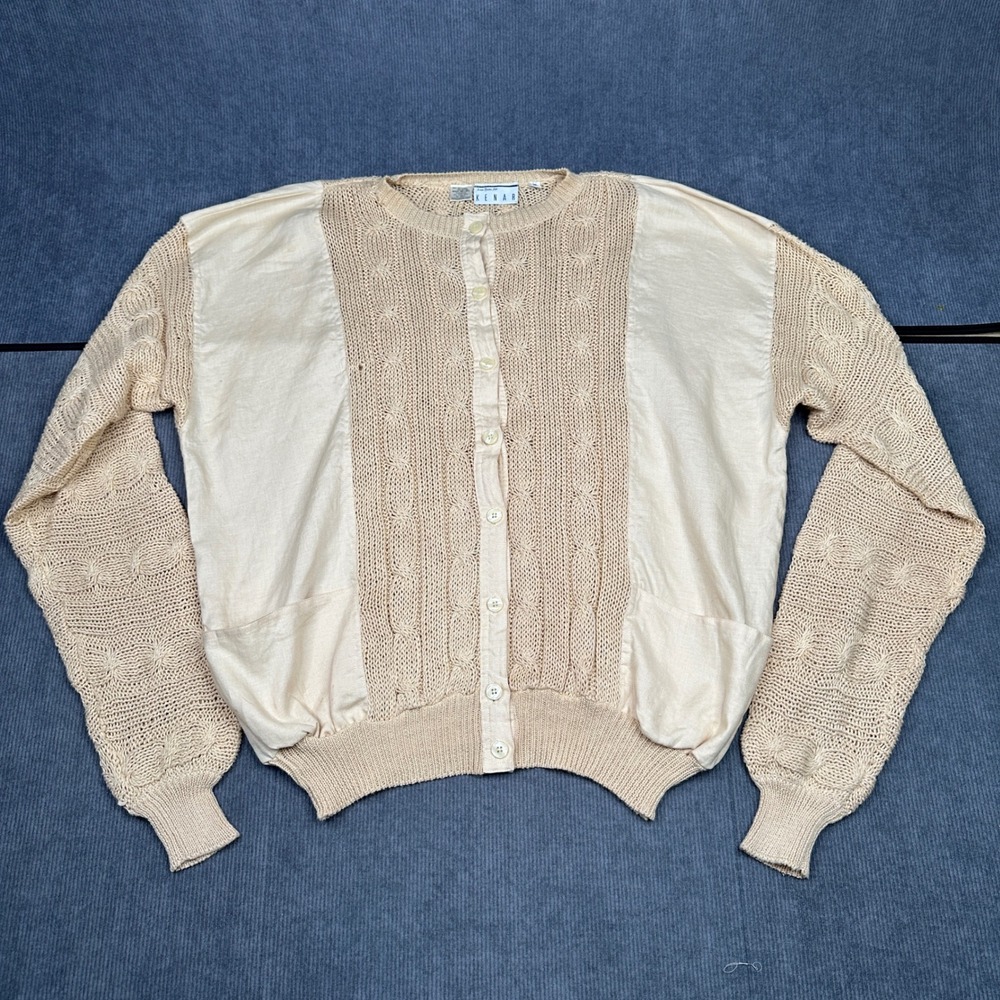 Ann Tjian for Kenar Vintage Mixed Media Cardigan Cream y2k Linen Cable Knit M